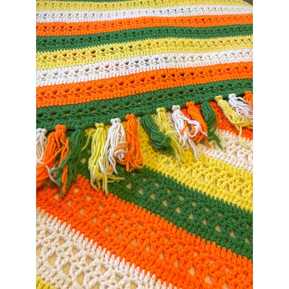 Vintage 1970s Crocheted Afghan Throw Orange Green Yellow Retro Boho Decor